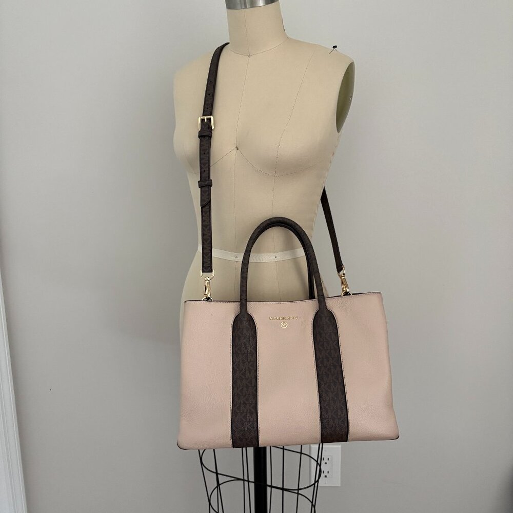 Michael Kors Austin Large Satchel Soft Pink & Brown Logo Trim Modern Heritage
